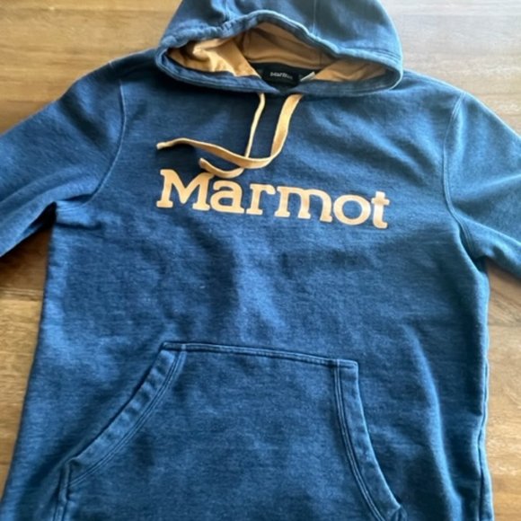 Marmot Hoodie Mens Medium L/S Blue Spell out Pullover Sweater Sweatshirt Hiking - Picture 2 of 7